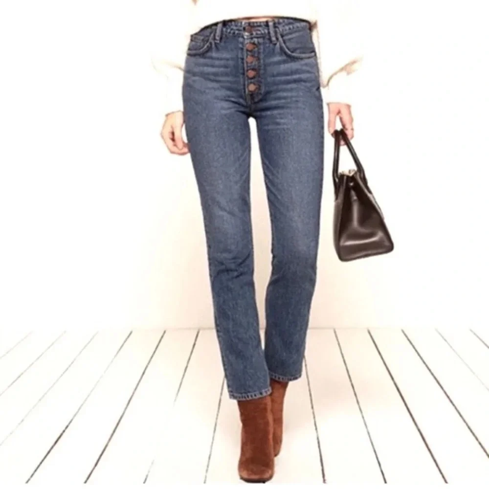 Reformation Petite Button Fly Slim Straight Ankle Baltic Wash Jeans Size 28
